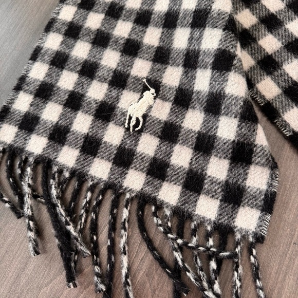 Polo Ralph Lauren Lamb wool black white gingham plaid fringe scarf NWOT - Picture 4 of 8